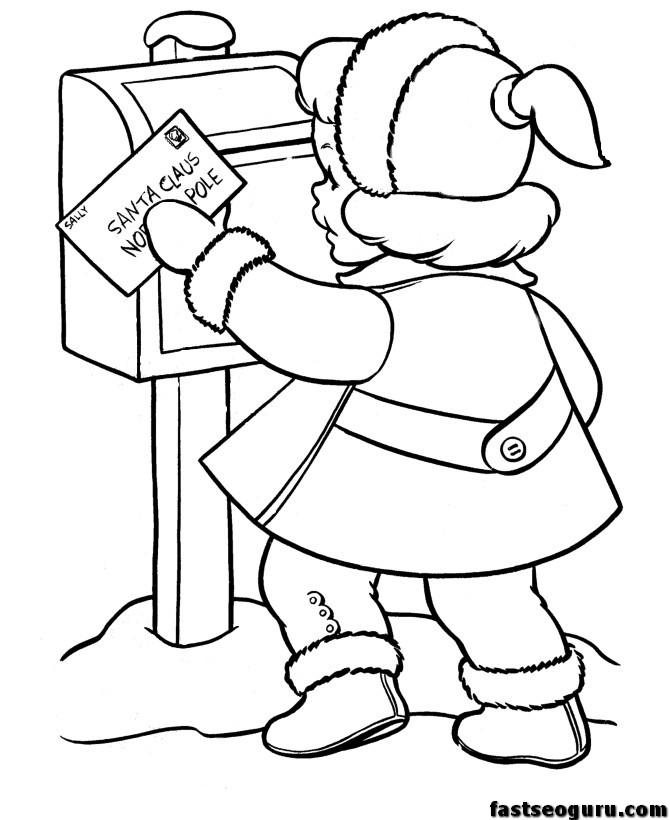 little girl sending a letter to Santa Claus coloring print out